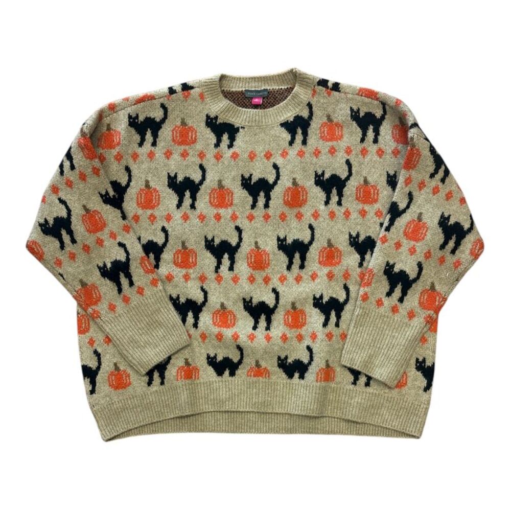 Vince Camuto Tan Halloween Sweater with Black Cats & Orange Pumpkins
